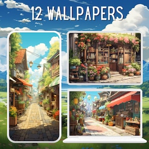 Puede incluir: Una colección de 12 fondos de pantalla digitales con ilustraciones coloridas de encantadoras calles de estilo europeo con tiendas y edificios. Las imágenes son perfectas para agregar un toque de fantasía y encanto a la pantalla de tu teléfono o computadora.