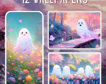 12 Pastel Ghosts Wallpaper Bundle, Studio Ghibli Clipart, Desktop Wallpaper, Phone Wallpaper, 4k, Kawaii Wallpaper, Lofi, Halloween Clipart