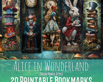 20 Alice In Wonderland Bookmark Bundle, Sublimation Design, Color Pencil Clipart, Bookmark Set, Print & Cut, JPG PNG Bundle, Commercial Use