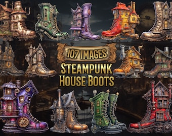 Steampunk House Boot Aquarelle Clipart Bundle - 107 PNG, Boot Graphics, Art numérique, PNG Clipart, Téléchargement instantané, Cadeau, Utilisation commerciale