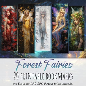 May include: Set of 20 printable bookmarks featuring illustrations of fairies in a forest setting. Each bookmark is 2x6 inches and 300 DPI. The bookmarks are available for personal and commercial use.