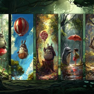May include: Five illustrations of a grey and white furry creature with large ears and eyes, known as Totoro from the animated film My Neighbor Totoro. Each illustration depicts Totoro in a different setting, including a red and white hot air balloon, a red mushroom, a lollipop, an umbrella, and a swing.