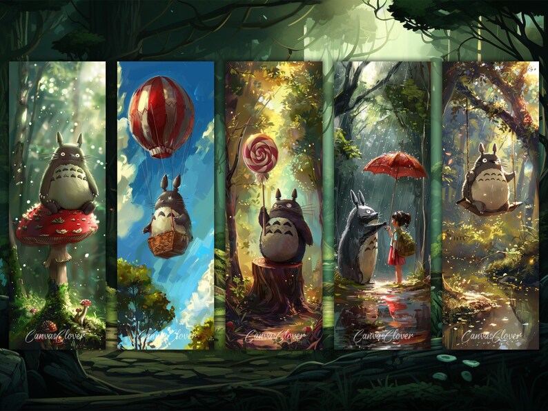 May include: Five illustrations of a grey and white furry creature with large ears and eyes, known as Totoro from the animated film My Neighbor Totoro. Each illustration depicts Totoro in a different setting, including a red and white hot air balloon, a red mushroom, a lollipop, an umbrella, and a swing.