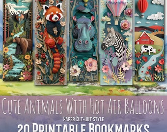 20 Cute Cut Out Paper Animals Bookmark Bundle, Hot Air Balloons, Sublimation Design, Bookmark Set, Print & Cut, Bundle, Commercial Use