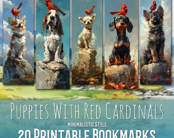 20 Cute Puppies With Red Cardinals Bookmark Bundle, Sublimation Design, Bookmark Set, Print & Cut, Bundle, JPG PNG Bundle, Commercial Use
