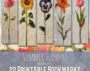 20 Impasto Styled Summer Flowers Bookmark Bundle, Sublimation Design, Bookmark Set, Print & Cut, Bundle, JPG PNG Bundle, Commercial Use