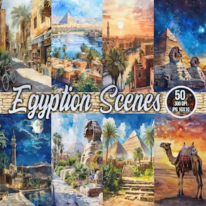 Pacchetto 50 scene egiziane, acquerello, arte digitale, carta, clipart del deserto, piramidi, cammelli, stampabile, carta per scrapbooking, senza pubblicità