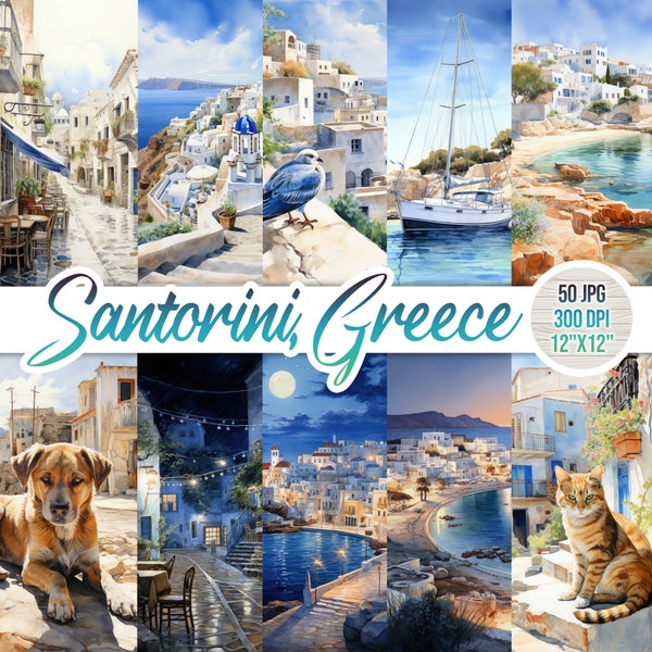 50 Santorini Greece Bundle, Watercolor Landscape, Digital Art, Landscape Clipart, Printable, Scrapbooking Paper, Summer, Commercial Free