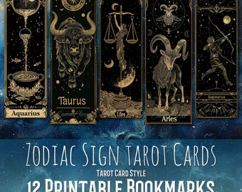12 Zodiac Sign Tarot Card Bookmark Bundle, Celestial, Animals, Signs, Sublimation Design, Bookmark Set, Print & Cut, Bundle, Commercial Use
