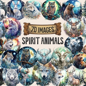 Bundle de cliparts aquarelle esprit animaux - 70 PNG, animaux mystiques, forêt enchantée, animal spirituel, cadeau, téléchargement immédiat, usage commercial