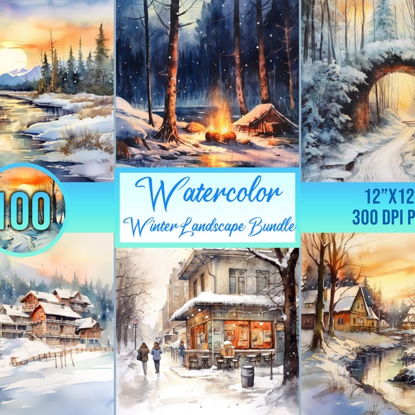 100 Winter Landscape Bundle, Watercolor Landscapes, Digital Art, Journal Paper, Printable, Scrapbooking Paper, Commercial Free
