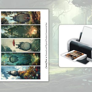 May include: Printable sheet with five different images of Totoro, a fictional character from the Studio Ghibli film My Neighbor Totoro. Each image features Totoro in a different pose and setting, surrounded by lush greenery and vibrant colors. The sheet is labeled "Printable Sheet" and "Personal and Physical Product Commercial Use Only".