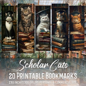 Paquete de marcadores de 20 gatos eruditos, diseño de sublimación, gatos lindos, imágenes prediseñadas de acuarela, conjunto de marcadores, impresión y corte, paquete JPG, uso comercial