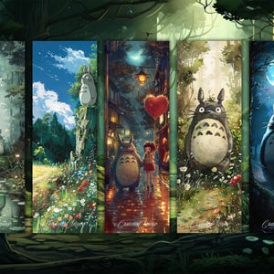 May include: Five colorful illustrations of Totoro, a fictional character from the animated film My Neighbor Totoro. Each illustration features a different scene from the film, including a forest, a town, and a night sky.