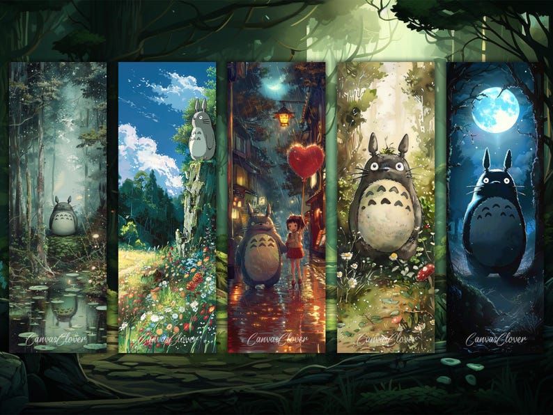 May include: Five colorful illustrations of Totoro, a fictional character from the animated film My Neighbor Totoro. Each illustration features a different scene from the film, including a forest, a town, and a night sky.