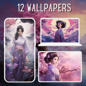 12 schöne Kimono Girls Wallpaper Bundle Sommer Wallpaper Desktop 4K Wallpaper Phone Wallpaper Cherry Blossom Wallpaper Cute Screensaver