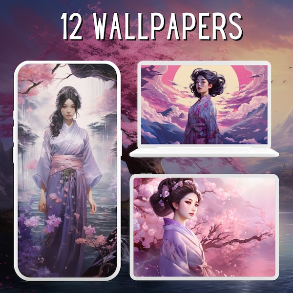 12 Beautiful Kimono Girls Wallpaper Bundle Summer Wallpaper Desktop 4K Wallpaper Phone Wallpaper Cherry Blossom Wallpaper Cute Screensaver