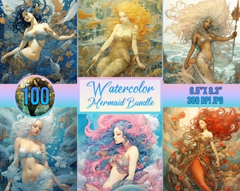 Watercolor Mermaid Clipart Bundle, Fantasy Art (Digital Download)