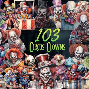 Paquete de payaso de circo espeluznante de Halloween - 103 PNG, imágenes de payaso, imágenes prediseñadas espeluznantes, payasos aterradores, gráficos de Halloween, descarga instantánea, uso comercial