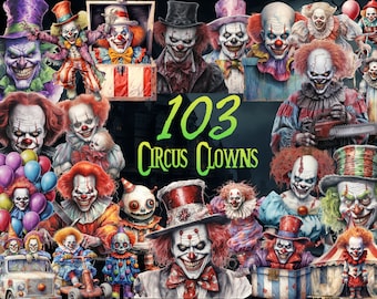 May include: A collage of 103 creepy circus clown illustrations. The clowns are depicted in various poses and expressions, some holding props like balloons, chainsaws, and a box. The background is a dark green with the text "103 Circus Clowns".