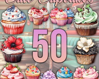 50 Watercolor Cupcake Clipart, Sweets PNG (Digital Download)