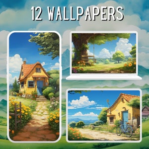 12 Ghibli Landscape Wallpaper Bundle Anime Wallpaper Gift Summer Clipart Desktop Wallpaper Phone Wallpaper Cute Wallpapers Watercolor Bundle