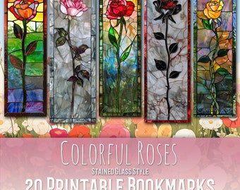 Stained Glass Roses Bookmark Bundle, Watercolor Clipart (JPG Bundle)