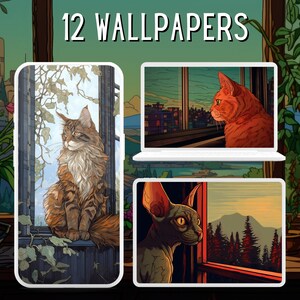 Lot de 12 chats mignons sur le rebord de la fenêtre, papier peint paysage, papier peint de bureau, papier peint pour téléphone, chats, linogravure Kawaii, ensemble de cliparts