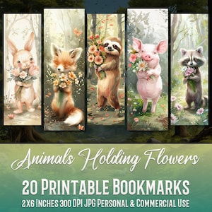 20 Animals Holding Flowers Bookmark Bundle, Sublimation Design, Watercolor Clipart, Bookmark Set, Print & Cut, JPG Bundle, Commercial Use