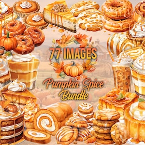 Pumpkin Spice Treats Watercolor Clipart Bundle - 77 PNG Images, Instant Download, Autumn Designs, Seasonal Art, Fall PNG, Commercial Use