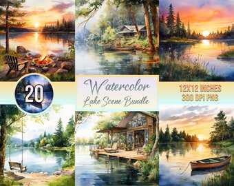 20 Lake Scene Bundle, Watercolor Clipart, Digital Art, Paper, Nature Landscape, Printable, Scrapbooking Paper, Summer, Gift, Commercial Free