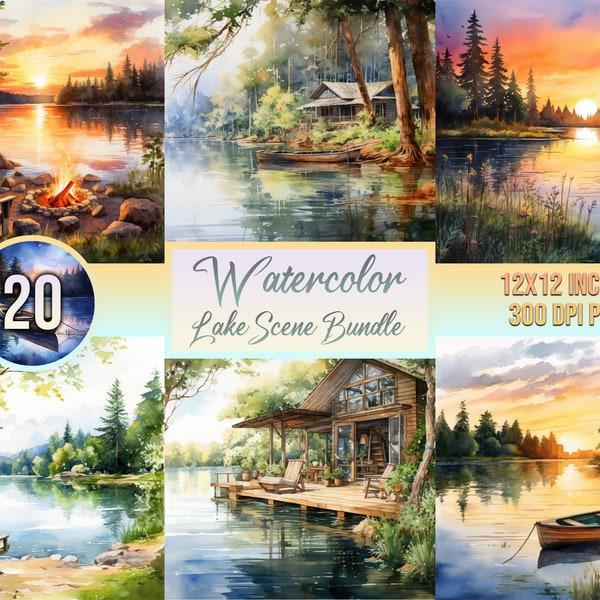 20 Lake Scene Bundle, Watercolor Clipart, Digital Art, Paper, Nature Landscape, Printable, Scrapbooking Paper, Summer, Gift, Commercial Free