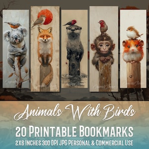 20 Cute Animals With Birds Bookmark Bundle, Sublimation Design,Watercolor Clipart,Bookmark Set, Print & Cut, JPG Bundle, Commercial Use