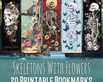 20 Skeletons With Flowers Bookmark bundle, Sublimation Design, Floral, Summer, Bookmark Set, Print & Cut, JPG-PNG Bundle, Commercial Use