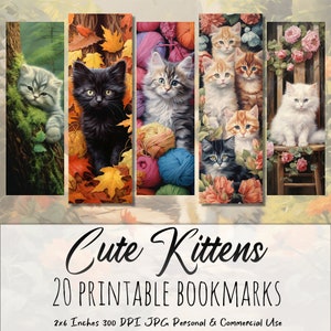 Ensemble de marque-pages imprimables de 20 chatons mignons, conception de sublimation, clipart aquarelle, ensemble de marque-pages, impression et coupe, paquet JPG, utilisation commerciale