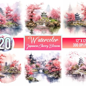 20 pacotes de flores de cerejeira japonesas, árvores em aquarela, arte digital, papel de diário, para impressão, papel para scrapbooking, comercial grátis
