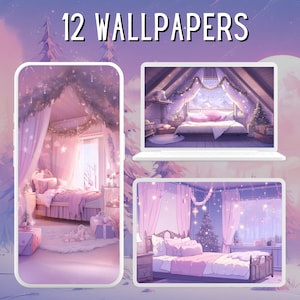 12 Pastel Winter Bedrooms Wallpaper Bundle, Christmas Wallpaper, Desktop Wallpaper, Phone Wallpaper, Kawaii Wallpaper, Clipart Bundle