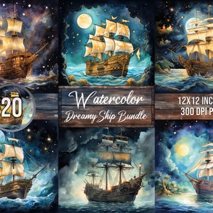 20 pacote de navio sonhador, clipart em aquarela, arte digital, papel, fantasia fofa, para impressão, papel para scrapbooking, verão, presente, comercial grátis