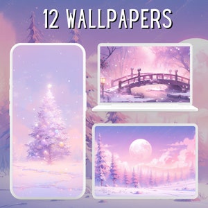 May include: A collection of 12 winter-themed wallpapers featuring a snowy forest with a bridge, a full moon, and a decorated Christmas tree. The wallpapers are in a soft pink and purple color scheme.