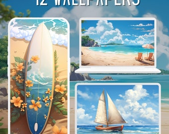 Kawaii Beach Wallpaper Bundle, Summer Desktop & Mobile (Digital Download)