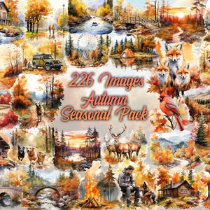 Autumn Watercolor Clipart Bundle - 226 PNG Images, Instant Download, Autumn Design, Seasonal Art, Fall PNG, Forest Landscape, Commercial Use
