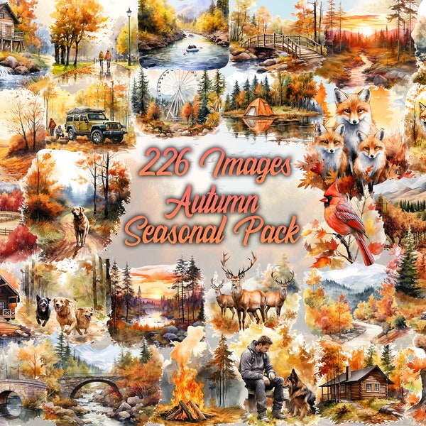 Paquete de imágenes prediseñadas de acuarela de otoño - 226 imágenes PNG, descarga instantánea, diseño de otoño, arte de temporada, PNG de otoño, paisaje forestal, uso comercial