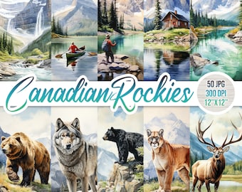 Pacote de Clipart em Aquarela das Montanhas Rochosas Canadenses, Paisagem e Animais (Arte Digital)