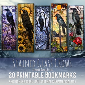 Lot de 20 marque-pages corbeaux en vitrail, sublimation, clipart aquarelle, ensemble de marque-pages, impression et découpe, lot JPG, usage Commercial