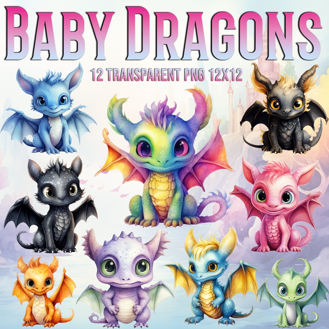 12 Baby Dragon Bundle, Watercolor Cute Dragons, Digital Art, Fantasy ...