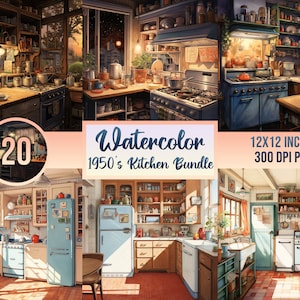 20 - Aquarell 1950er Jahre Küche Bundle, Clipart, digitale Kunst, Geschichte, druckbar, Scrapbooking-Papier, gemütlich, Geschenk, kommerziell frei