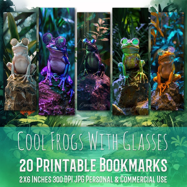 20 Frogs With Cool Glasses Bookmark Bundle, Sublimation Design, Watercolor Clipart, Bookmark Set, Print & Cut, JPG Bundle, Commercial Use