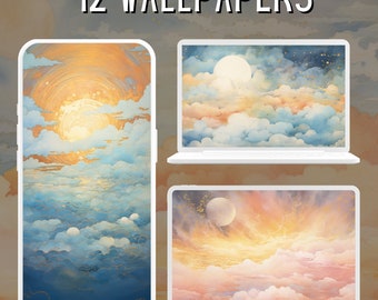 May include: A set of 12 digital wallpapers featuring a dreamy, abstract sky with clouds and a glowing moon. The wallpapers are perfect for adding a touch of whimsy to your phone or computer screen.