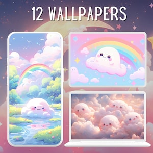 12 Pastel Kawaii Clouds Wallpaper Bundle, Pastel wallpaper, Desktop Wallpaper, Phone Wallpaper, Kawaii Wallpaper, Cute Whimsical Clipart