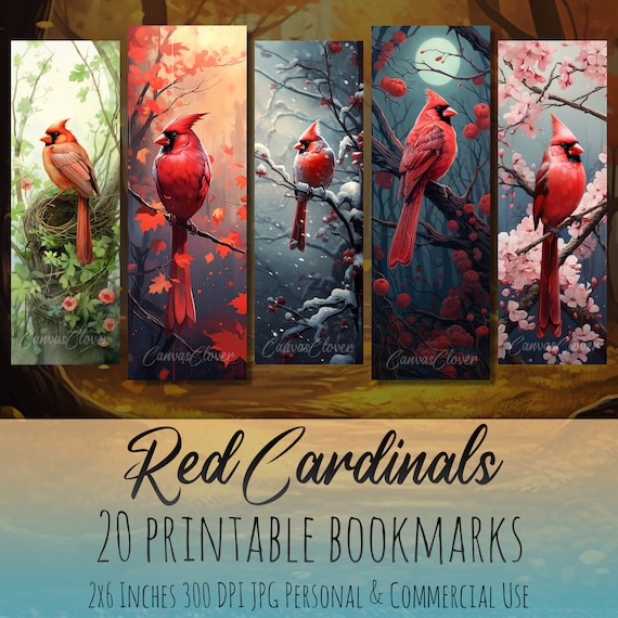 Watercolor Red Cardinal Bookmark Bundle, 20 Designs (JPG Printable)